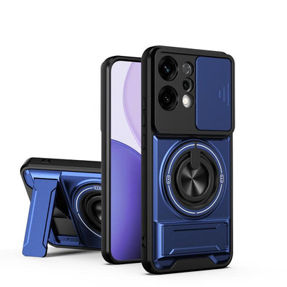 Blue phone case with sliding window, ring holder, and raised camera protection