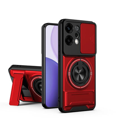 Red phone case with sliding window, ring holder, and raised camera protection