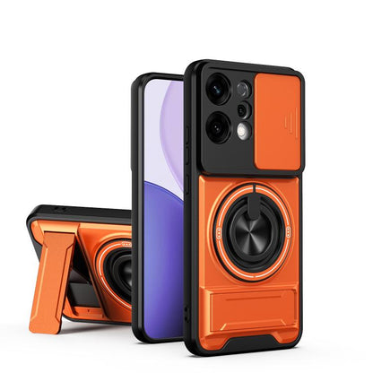 Orange phone case with sliding window, ring holder, and raised camera protection