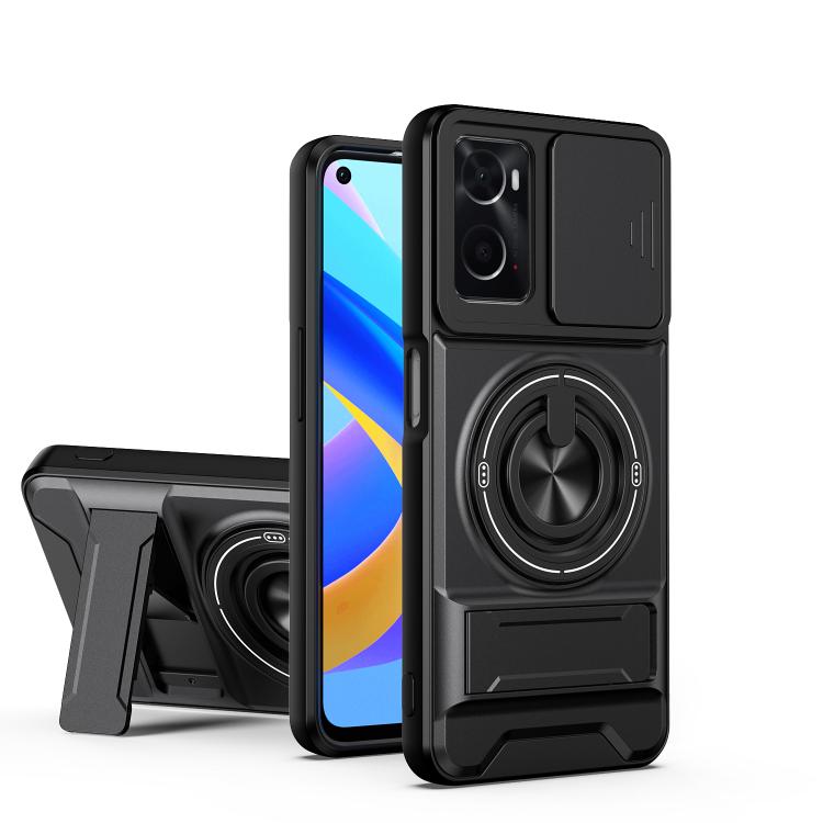 Magnetic shockproof phone case with ring kickstand, black back panel and black frame
