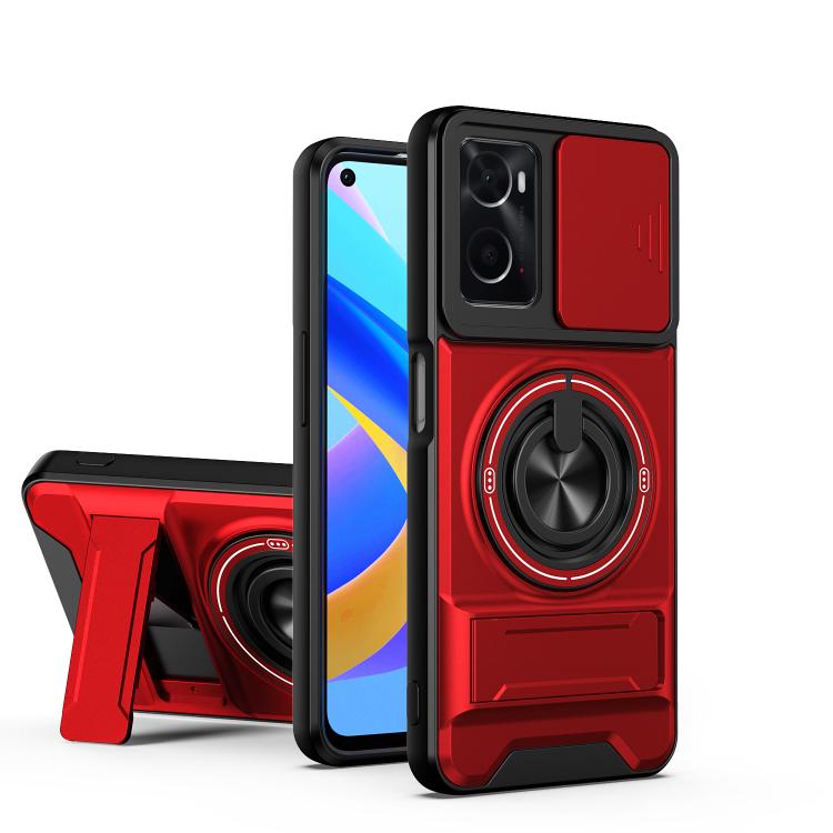 Magnetic shockproof phone case with ring kickstand, red back panel and black frame