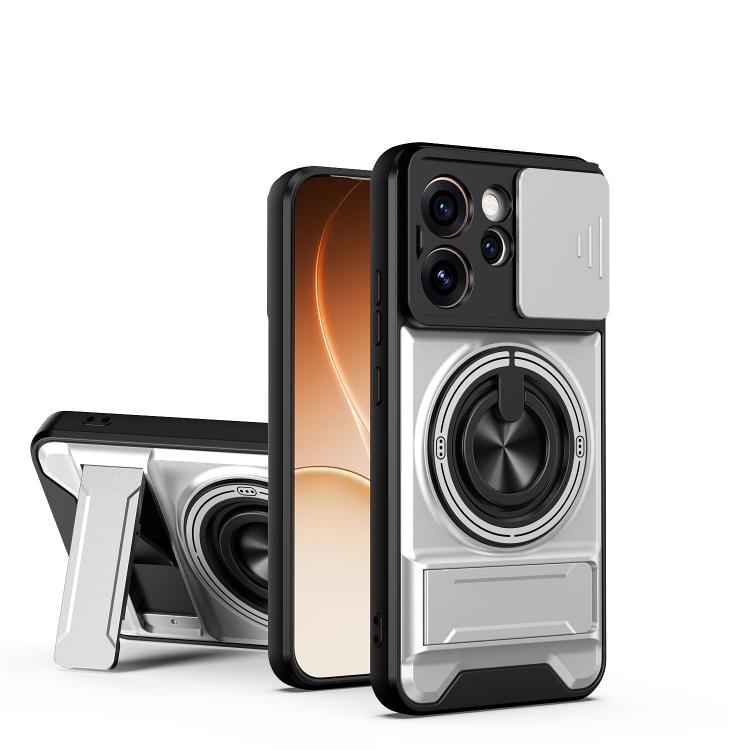 Black phone case with sliding window, ring holder, and raised camera protection