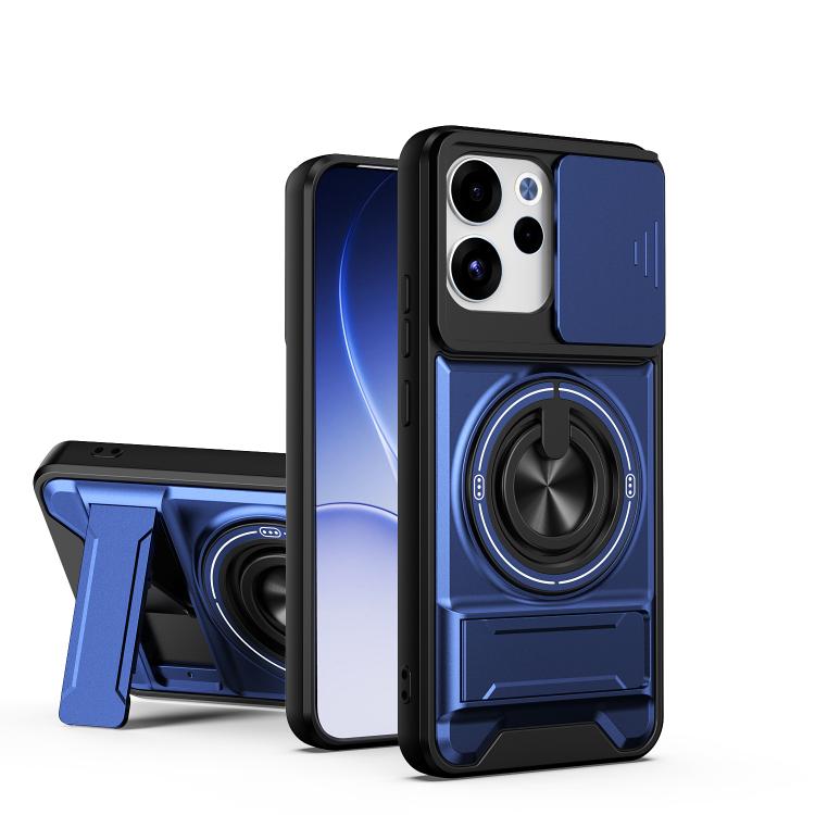 Shockproof magnetic phone case with sliding window, blue with circular lens ring and stand