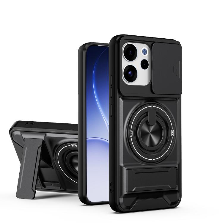 Shockproof magnetic phone case with sliding window, black with circular lens ring and stand