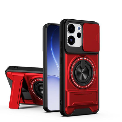 Shockproof magnetic phone case with sliding window, red with circular lens ring and stand