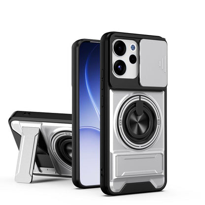 Shockproof magnetic phone case with sliding window and ring stand, white/gray back
