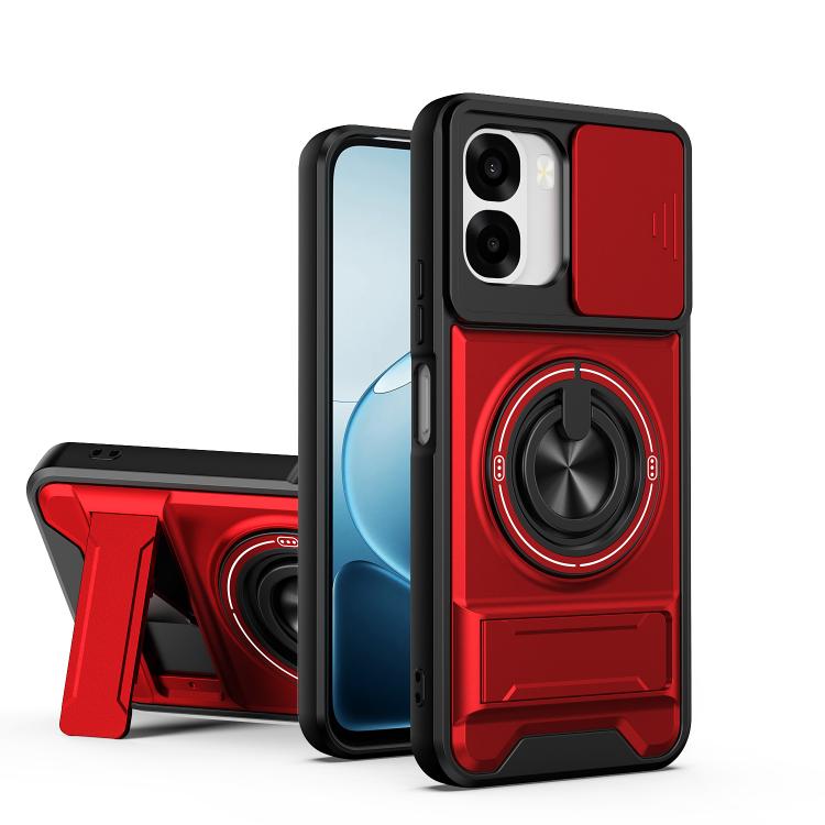 Shockproof magnetic phone case with sliding window and ring stand, red back