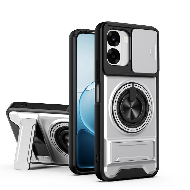 Shockproof magnetic phone case with sliding window and ring stand, white/gray back
