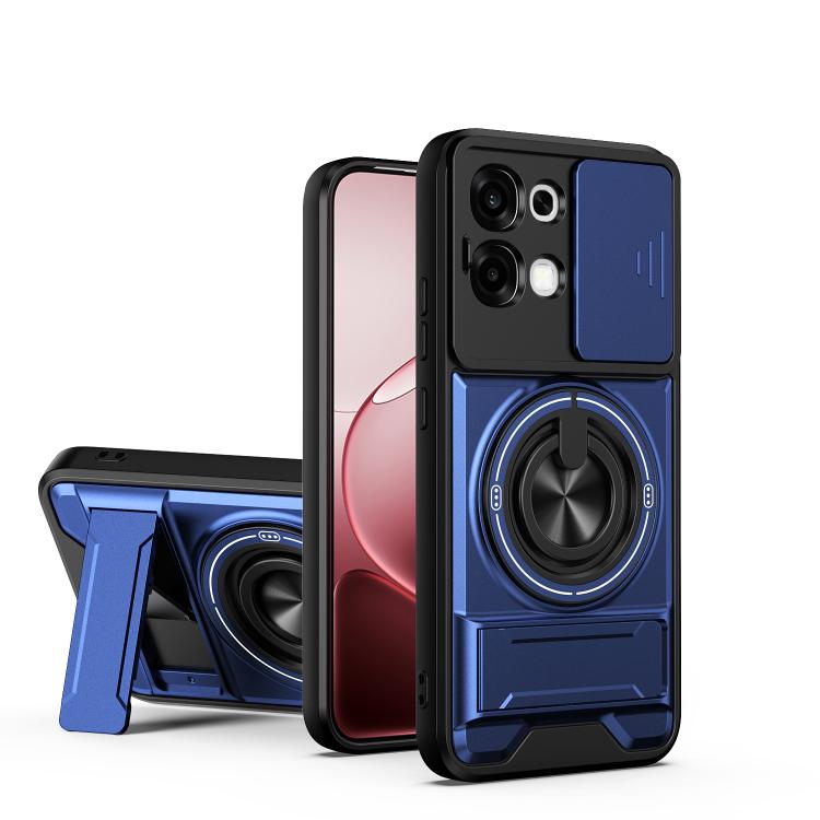 Shockproof magnetic phone case with sliding window, dark blue with circular lens ring and stand