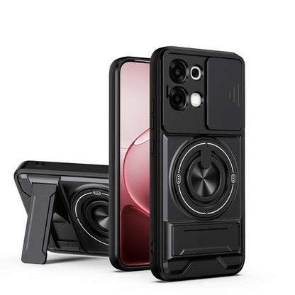 Shockproof magnetic phone case with sliding window, black with circular lens ring and stand