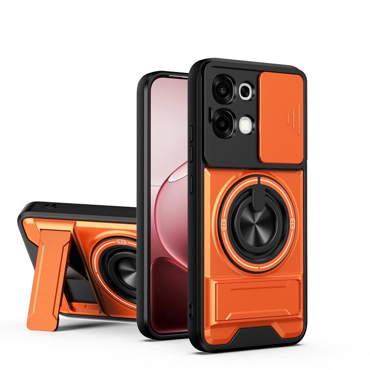 Shockproof magnetic phone case with sliding window, orange with circular lens ring and stand