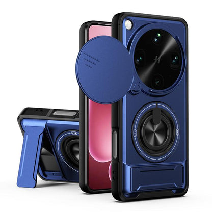 Dark blue phone case with sliding window, magnetic cover, and shockproof bumper details