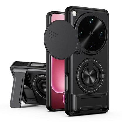 Black phone case with sliding window, magnetic cover, and shockproof bumper details