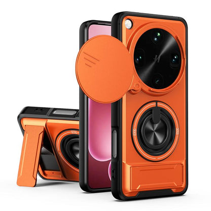 Shockproof magnetic phone case with sliding window, orange with circular lens ring and stand