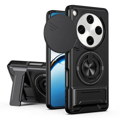 Magnetic shockproof phone case with sliding window, black shell, ring stand