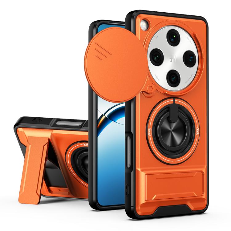 Magnetic shockproof phone case with sliding window, orange shell, ring stand