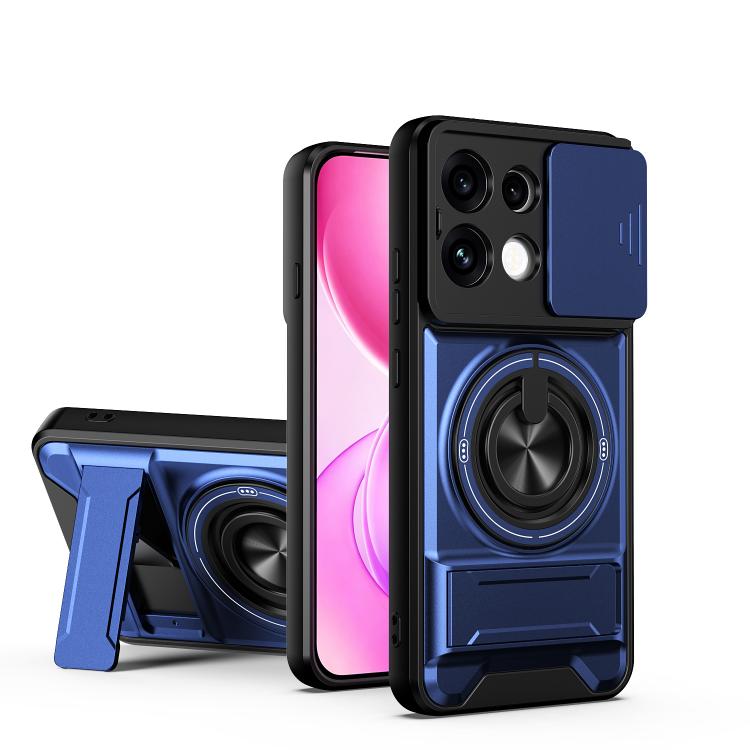 Black phone case with royal blue sliding camera cover and circular ring holder