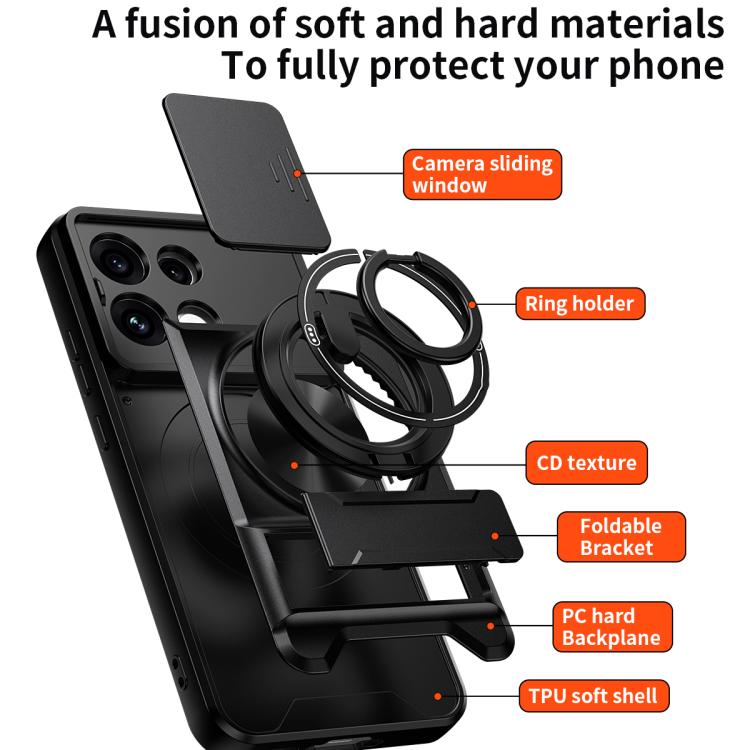 Black rugged phone case with sliding camera window, ring holder, and foldable bracket