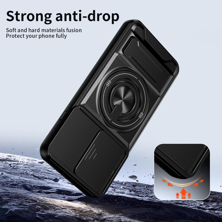 Black anti-drop phone case with built-in ring holder and sliding camera cover
