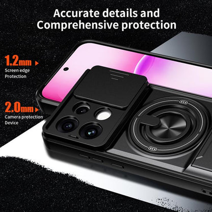 Black phone case with raised camera and screen protection and circular ring holder