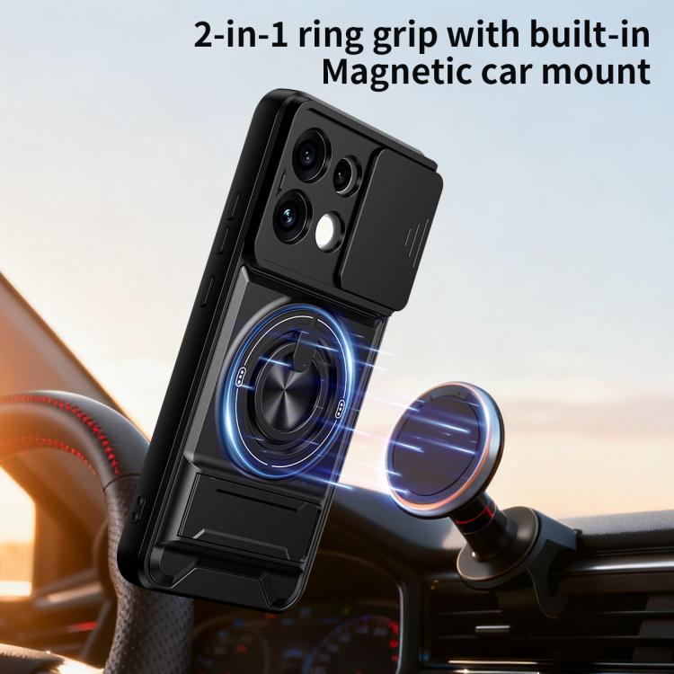 Black phone case with 2-in-1 ring grip and built-in magnetic car mount