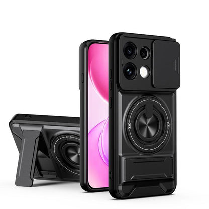 Black phone case with blue accents, sliding camera cover, and circular ring holder