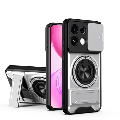 Blue phone case with sliding window, magnetic cover, and shockproof bumper details