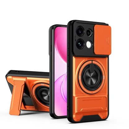 Orange phone case with sliding window, magnetic cover, and shockproof bumper details