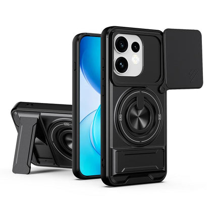 Black phone case with sliding window, magnetic cover, and shockproof bumper details