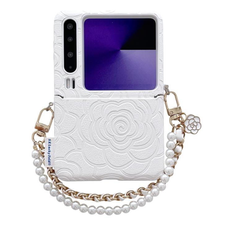 White embossed camellia phone case with side buckle and pearl chain shoulder strap