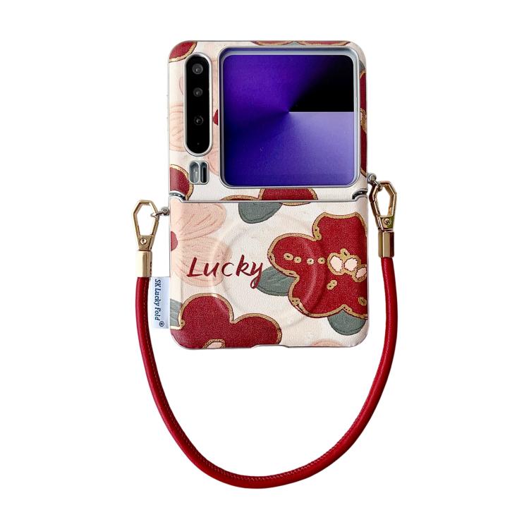 Lucky cartoon dog print phone case with wrist strap and metal buckle clasp