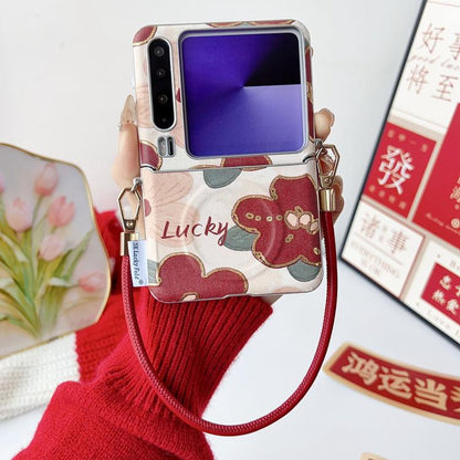 Lucky dog print phone case with wrist strap, front window, and metal clasp