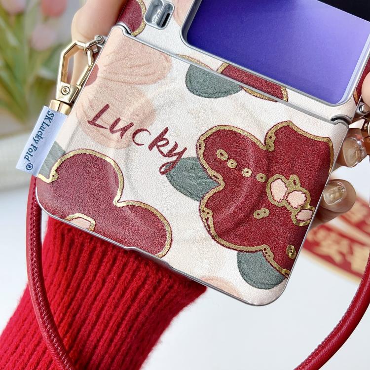 Lucky dog print phone case with wrist strap and silver-tone frame edge