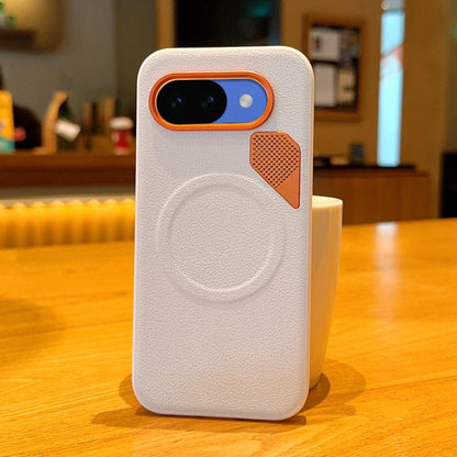 White phone case with orange-edged camera cutout and perforated cooling panel