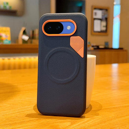 Dark phone case with orange trim and perforated cooling panel, textured back