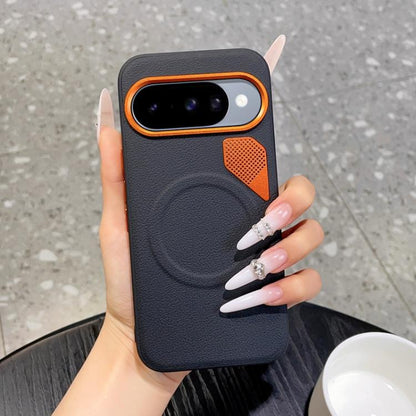 Black MagSafe phone case with orange-edged camera cutout and perforated cooling panel