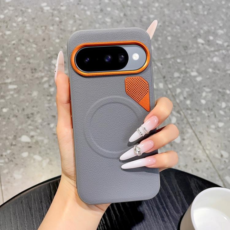 Gray phone case with orange border and perforated cooling panel for MagSafe