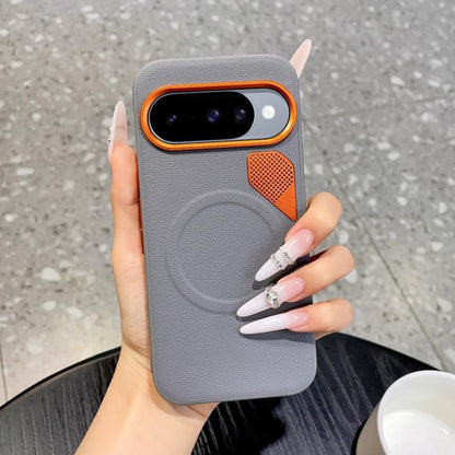 Gray phone case with orange border and perforated cooling panel for MagSafe