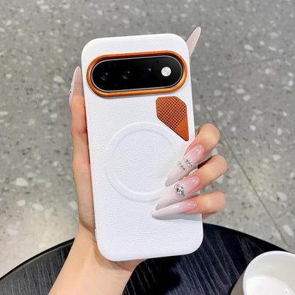 White phone case with orange border and perforated cooling panel for MagSafe