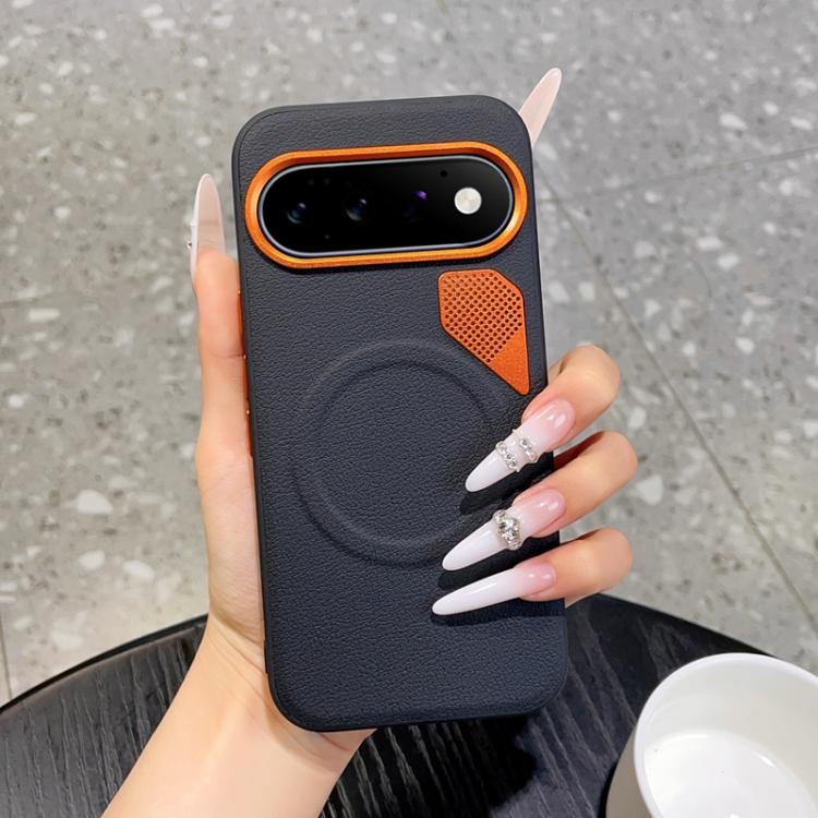 Navy phone case with orange border and perforated cooling panel for MagSafe