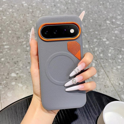 Gray phone case with orange border and perforated cooling panel with textured finish
