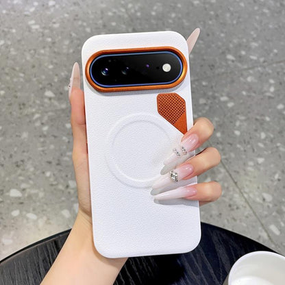 White MagSafe phone case with orange trim, textured back, and cooling hole insert
