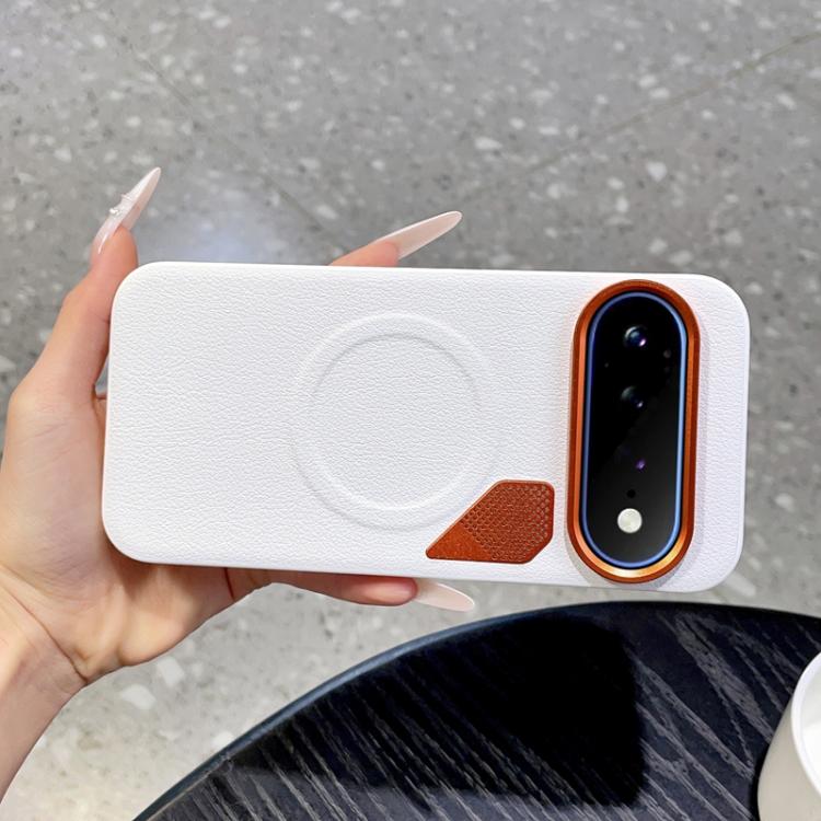 White MagSafe phone case with orange-edged camera cutout and cooling hole panel
