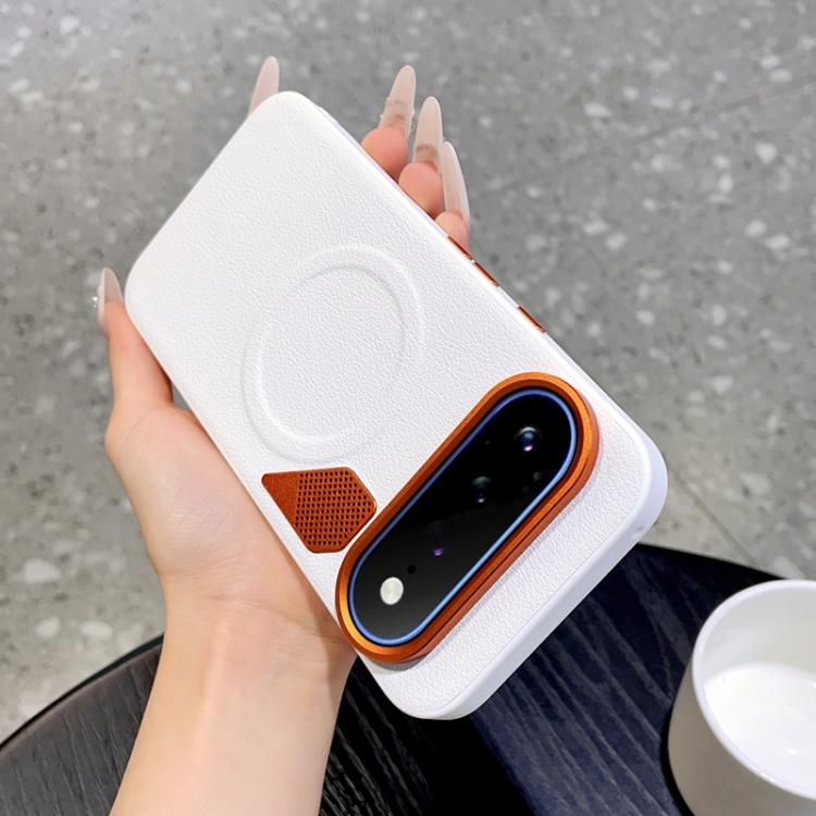 White MagSafe phone case with orange trim, camera cutout, and perforated cooling panel