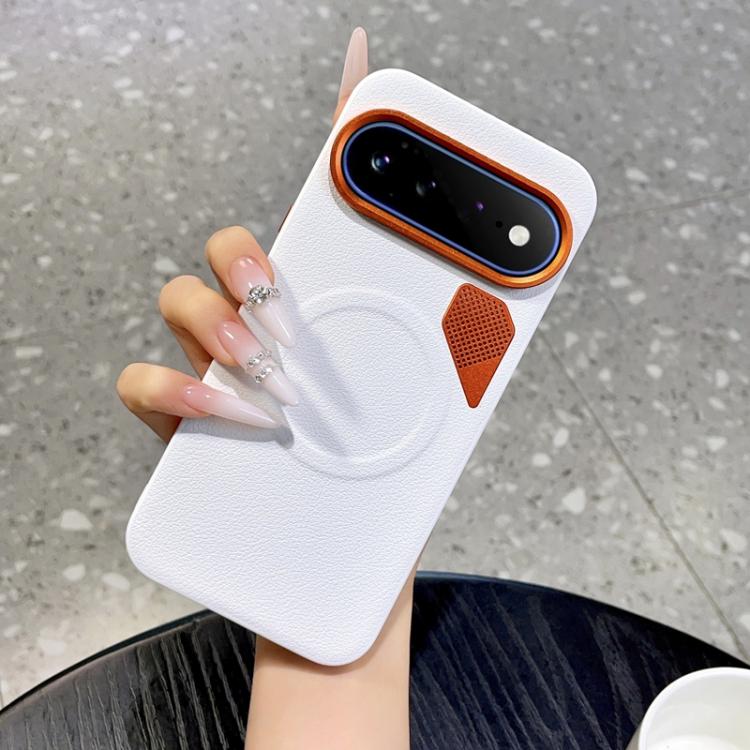White MagSafe phone case with orange camera border, textured finish, and cooling hole
