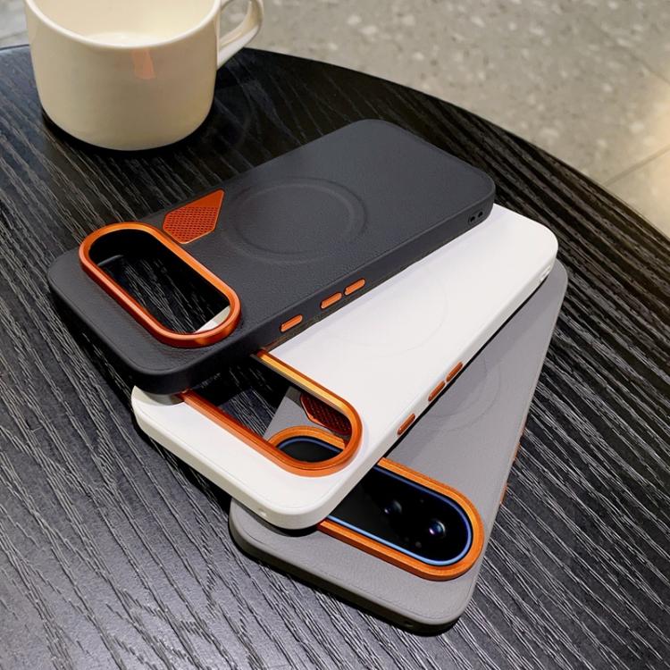 MagSafe phone cases stack: white and gray with orange trim and cooling hole panels