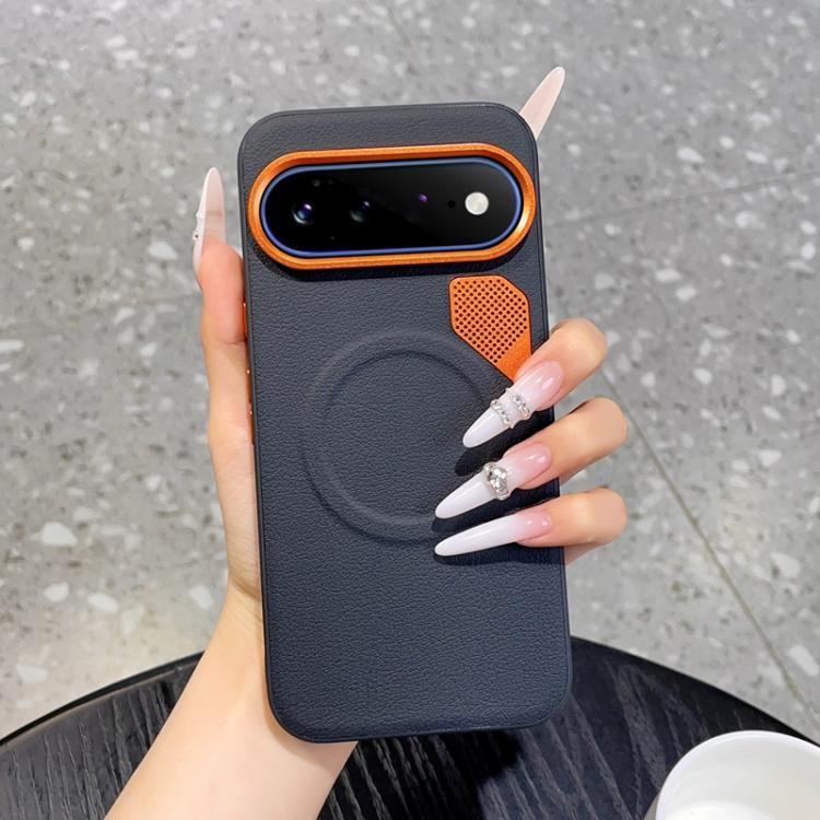Black MagSafe phone case with orange trim, textured back, and perforated cooling panel
