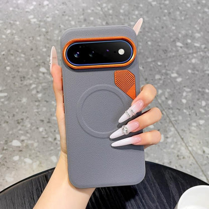 Gray-blue MagSafe phone case with orange camera border and cooling hole insert