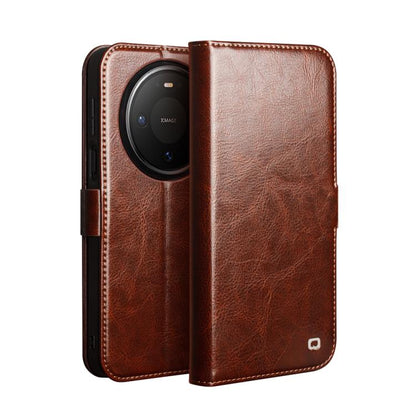 Brown genuine leather flip phone case, open view with camera protected