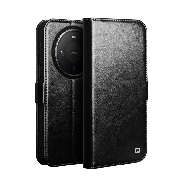 Black genuine leather wallet phone case, open view with camera module protected